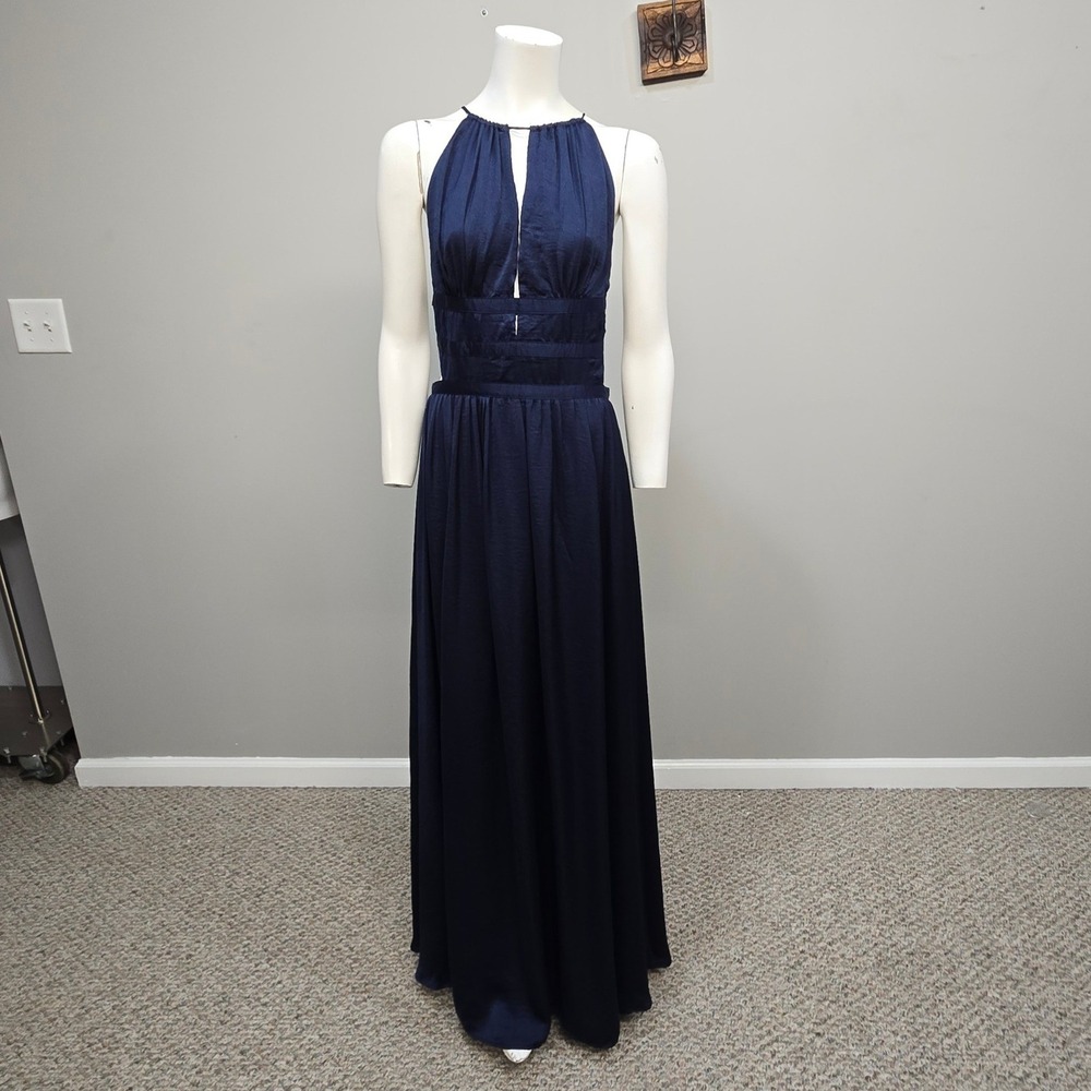 Navy Blue Formal Evening Maxi Dress Medium Halter Keyhole Cutout Wedding Guest